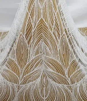 1 Ярд новой вышитой бисером свадебной белой тюлевой кружевной ткани с блестками и жемчугом в африканском стиле, французская сетка для вечернего платья HY2499