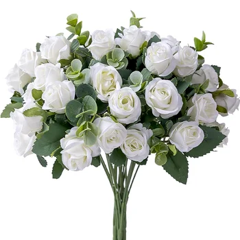 11 Головок искусственного цветка, Шелковая роза, Белые листья эвкалипта, Букет пионов, искусственный цветок для свадебного стола, ваза для домашнего декора