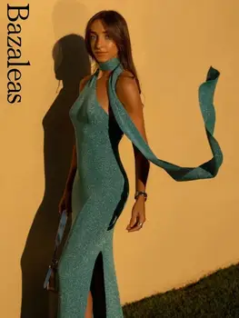 2023 Женские платья Bazaleas Store Traf Шикарное элегантное синее вечернее платье-чокер Trf, топ-труба, эластичное вязание, обтягивающее, официальное оформление