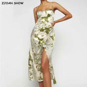2023 Летнее Атласное платье Миди с зеленым цветочным принтом на бретельках-спагетти, сексуальное женское платье со шнуровкой, подол с перекрестным разрезом, праздничный халат