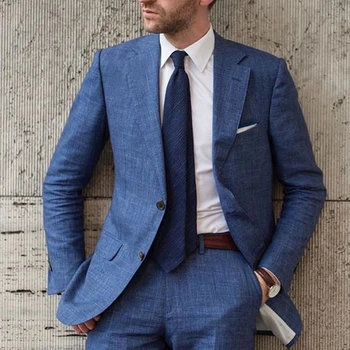 2023 Новое поступление Дизайнерских синих мужских костюмов для жениха, пляжный льняной мужской костюм, Приталенный Смокинг из 2 предметов, изготовленный на заказ Блейзер, куртка + брюки