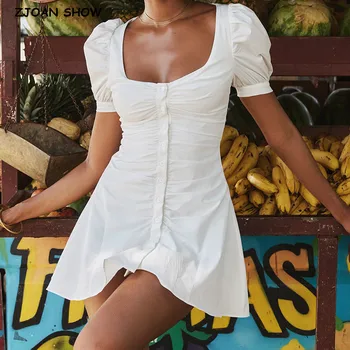 2023 Сексуальное Белое Мини-платье с квадратным воротником и низкой грудью в корсетном стиле, С коротким пышным рукавом, женское платье с рюшами, плиссированное спереди На пуговицах по центру