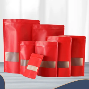50шт красных бумажных пакетов из крафт-бумаги, окно, Самоуплотняющаяся сумка на молнии, Переносная подарочная сумка для пищевых конфет, сумки для хранения, упаковочная сумка