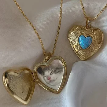 Ins Love Heart Открытая Фотобокс Синий Камень Металлическое Ожерелье для Женщин Девушка Позолоченная Цепочка Винтажное Колье Y2k Ювелирные Изделия Новый 2023