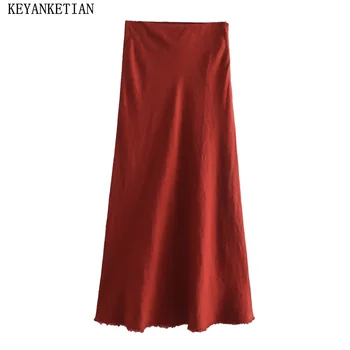 KEYANKETIAN Летняя Новая женская юбка с льняной текстурой и высокой талией Holiday Wind, базовая юбка МИДИ А-силуэта на молнии длиной до щиколоток, красная