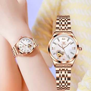 OLEVS 6636 Женские механические часы с ремешком из натуральной кожи, модные водонепроницаемые женские наручные часы