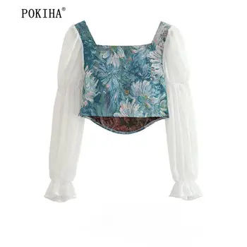Pokiha, новые модные женские туфли, элегантные винтажные цветочные принты, укороченные блузки с длинным рукавом, женские рубашки, блузы, шикарные топы