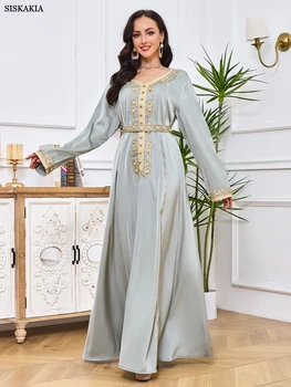 Siskakia Модная турецкая Абайя, Дубайская одежда с бриллиантами, длинный рукав, V-образный вырез, одежда с поясом, Элегантные мусульманские женские длинные платья