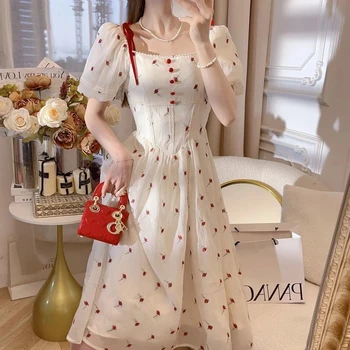 SLPBELY 2023, Летнее женское платье с французским цветочным принтом и розами, квадратный вырез, Сказочное платье милой принцессы, платье миди