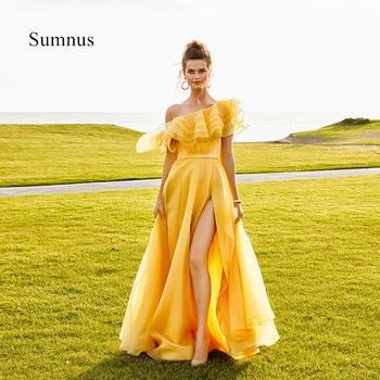 Sumnus Золотисто-желтые вечерние платья трапециевидной формы с открытыми плечами, платье для выпускного вечера из органзы, вечерние платья с высоким разрезом, нестандартный размер