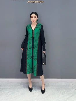 SuperAen 2023 Осень, новое модное платье в корейском стиле с V-образным вырезом, женское повседневное платье с длинным рукавом