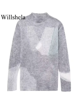 Willshela, Женский модный вязаный свитер в стиле пэчворк, Винтажный свитер с длинными рукавами и круглым вырезом, шикарные женские топы