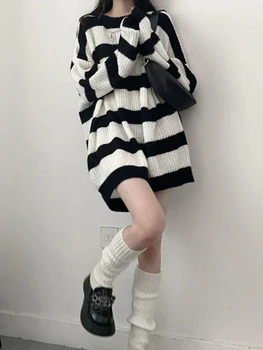 Y2k Свитера оверсайз в готическом стиле, женские вязаные джемпера в полоску в стиле харадзюку в стиле Панк, Винтажные Свободные пуловеры с длинными рукавами, топы в Корейском стиле