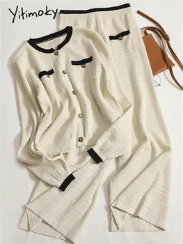 Yitimoky Вязаные комплекты из 2 предметов, женская одежда, осенне-зимние комплекты с карманами в стиле пэчворк с длинным рукавом, шикарные комплекты брюк во всю длину
