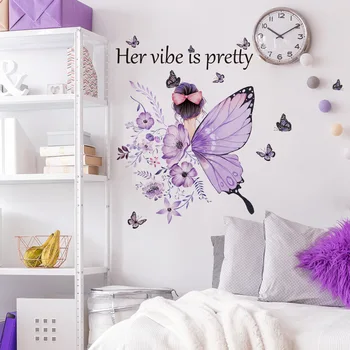 Английский слоган в виде бабочки, наклейки на стены в виде цветов для девочек, декоративные наклейки на стены в гостиной, спальни, самоклеящиеся наклейки на стены