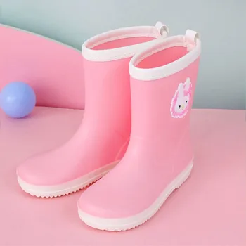 Большие детские непромокаемые ботинки унисекс с рисунком розового кролика для девочек и мальчиков, непромокаемые нескользящие детские резиновые сапоги под дождем