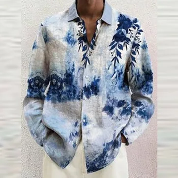 Весенние рубашки с винтажным цветочным принтом, мужская одежда, кардиган с однобортным воротником, Повседневные футболки с длинными рукавами 2023, Уличная одежда