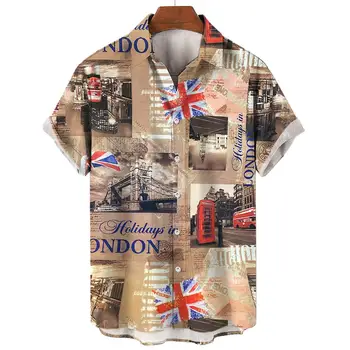 Винтажная Мужская рубашка Sunmmer Old Time London Повседневные Топы С Коротким Рукавом Гавайская Рубашка Оверсайз Streerwear Рубашка Мужская Одежда