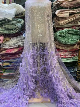 Высококачественная Африканская кружевная ткань с 3D-пером, высококачественная кружевная ткань с вышивкой Французскими блестками для Нигерийских свадебных платьев