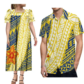 Высококачественный комплект из 2 предметов с полинезийским племенным принтом, платье Муму с короткими рукавами для женщин и рубашка в тон для мужских пар.