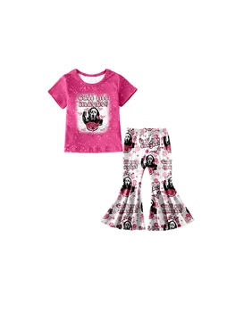 Детская одежда, модный принт с круглым вырезом и короткими рукавами с розовыми мультяшными расклешенными брюками, подходящий сезон Лето, Возраст от 0 до 16 лет