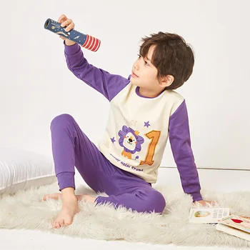 Детская пижама для мальчиков от 2 до 14 лет, пижамные топы + штаны, комплект из 2 предметов, хлопковая одежда с длинными рукавами в рубчик, фиолетовая Корейская одежда для детской комнаты в стиле льва