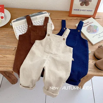 Детские Вельветовые брюки на бретельках от 1 до 5 лет, Осенняя Корейская Детская одежда Для мальчиков, Однотонная Повседневная одежда