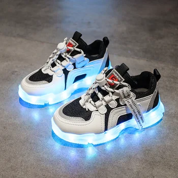 Детские светодиодные светящиеся кроссовки с USB-зарядкой, обувь для грилей, светящаяся сетчатая дышащая обувь для девочек и мальчиков, нескользящая светящаяся обувь, размер 25-36