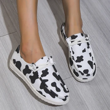 Женская парусиновая обувь с принтом коровы, кроссовки с круглым носком на шнуровке, низкие кроссовки, повседневная обувь для ходьбы на плоской подошве, Дышащие лоферы, Плюс размер 43