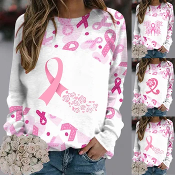 Женская толстовка с круглым вырезом и культурой рака молочной железы, толстовка, длинный потертый пуловер, женская повседневная футболка, удобная толстовка