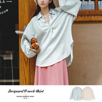 Женская японская повседневная жаккардовая рубашка Maden с V-образным вырезом и длинным рукавом из 100% хлопка, модные блузки оверсайз, Элегантные однотонные топы-пуловеры