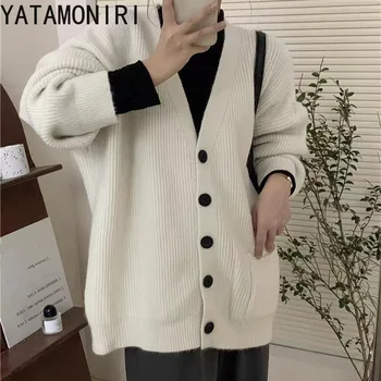 Женские кардиганы YATAMONIRI в стиле ретро с V-образным вырезом, однобортные карманы, женское пальто, свитера, осень-зима, новые свободные офисные женские джемперы