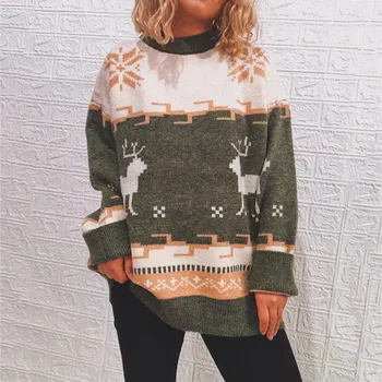 Женский Рождественский свитер, топы, пуловеры ручной вязки в полоску в стиле пэчворк с длинным рукавом и круглым вырезом, женская теплая толстовка свитер женский