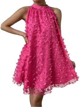 Женское вечернее платье с аппликацией в виде бабочки, сетчатое накладное платье без рукавов на шее, летнее коктейльное мини-платье