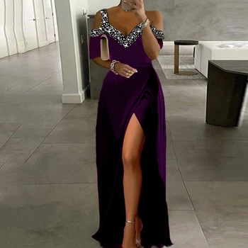 Женское Длинное платье с V-образным вырезом и открытыми плечами, Летнее Открытое Блестящее вечернее платье в стиле пэчворк, Элегантное вечернее платье с разрезом и высокой талией.