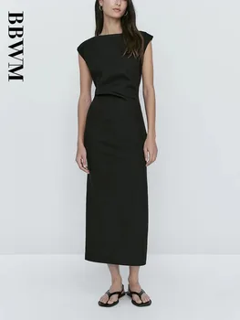Женское летнее новое плиссированное сбоку удобное черное платье без рукавов из льняной смеси 2023 года, благородное шикарное женское платье