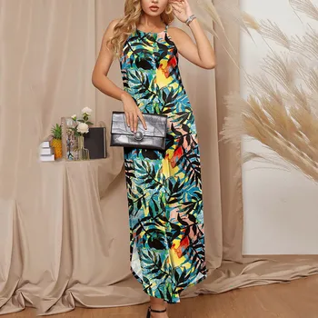 Женское платье большого размера с тропическим цветочным принтом, разрезом сбоку, открытой спиной, макси-платья без рукавов, женские платья Бесплатная доставка