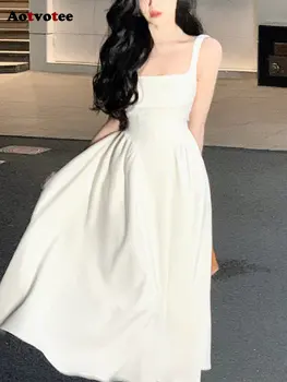 Женское платье миди с квадратным воротником Aotvotee 2023, новое модное Элегантное белое платье на бретельках, шикарное летнее платье с бантом Fairycore