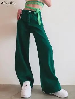 Зеленые джинсы, женская Уникальная уличная одежда, Очаровательный Корейский стиль, мода с высокой талией, Универсальные, свободные, широкие, весенние женские повседневные