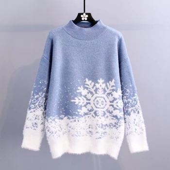 Зимний свитер 2021 года, Рождественский Вязаный женский теплый многоцветный свитер с длинным рукавом и круглым вырезом, Праздничная атмосфера в виде снежинки, Топ