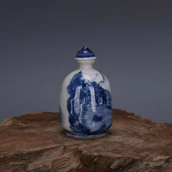Китайский сине-белый фарфор Qing Landscape Design Табакерка 2,44 дюйма