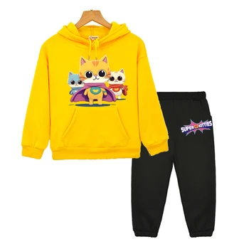 Комплект с капюшоном SuperKitties, Флисовая толстовка с капюшоном в стиле аниме, детская бутик-одежда, Осенний Кавайный Пуловер, Куртка, комплект для мальчиков и девочек