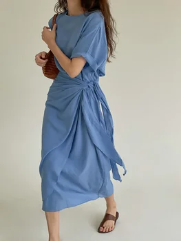 Корейский дизайн ретро винтажное синее платье макси с узлом для женщин, Новинка 2023, женское хлопчатобумажное платье с коротким рукавом