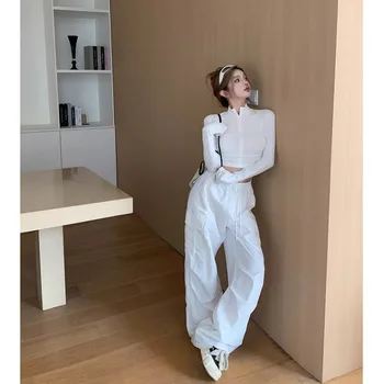 Корейский свободный спортивный костюм для женщин, осенний воротник-стойка, однотонный топ с длинными рукавами, брюки-карго, модный комплект из двух предметов