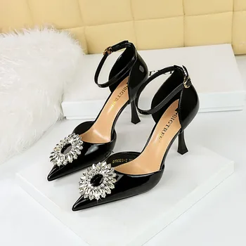 Красивые женские туфли на высоком каблуке со стразами и круглой пряжкой, двухсекционные туфли на каблуке, Женское свадебное платье, женская обувь 2023, Маленький каблук 8 см