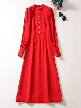 Красное платье Миди с бриллиантами и Пуговицами RoosaRosee с длинным рукавом-фонариком Осень-Зима 2023, женское платье Vestidos Robe Femme