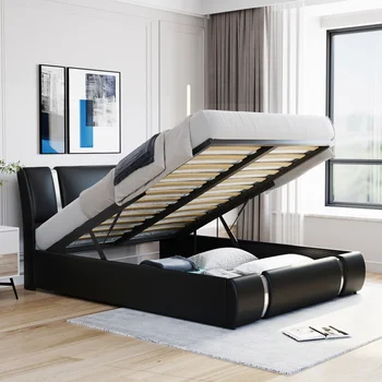 Кровать-платформа из искусственной кожи с гидравлической системой хранения размера 