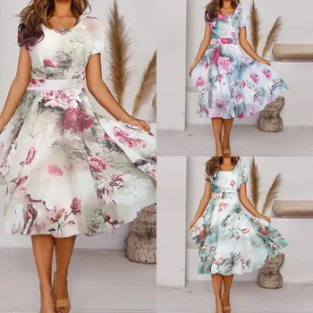 Летнее новое женское элегантное платье средней длины с цветочным принтом, с коротким рукавом, повседневные женские платья