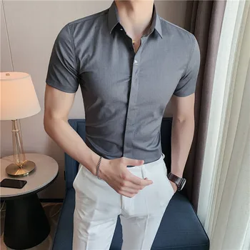 Летние однотонные повседневные деловые рубашки, мужские рубашки с коротким рукавом, облегающая уличная одежда, социальная camisa masculina