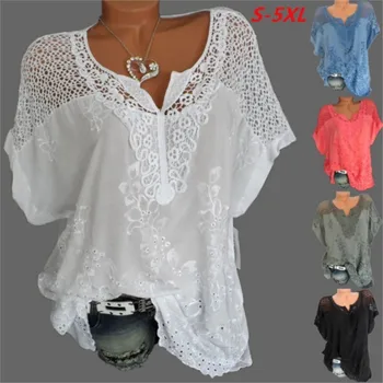Летняя Модная Женская Кружевная рубашка С V-образным вырезом и вышивкой С Коротким рукавом 